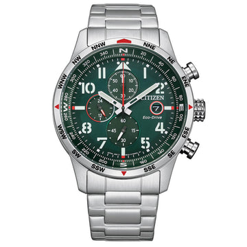 Ρολόι χρονογράφος Citizen Eco-Drive CA0791-81X με ασημί ατσάλινο μπρασελέ και πράσινο καντράν διαμέτρου 44mm.